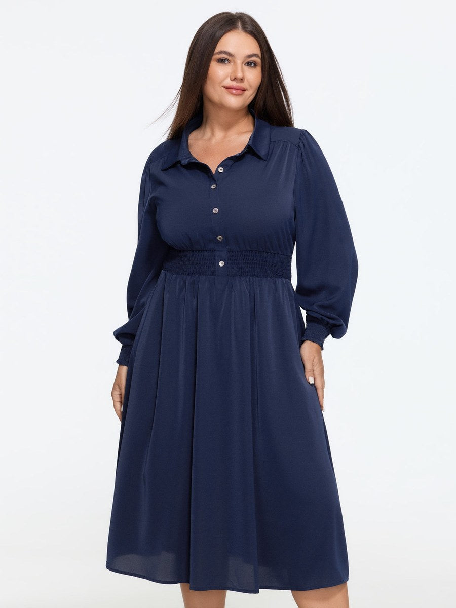 Collared Shirred Waist Button Down Midi Dress