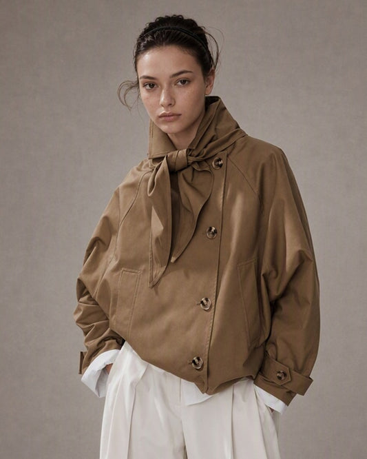 Brown Batwing Sleeve Pockets Button Jacket