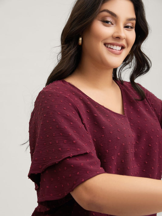 Plain Ruffle Tiered Sleeve V Neck Polka Dot Blouse